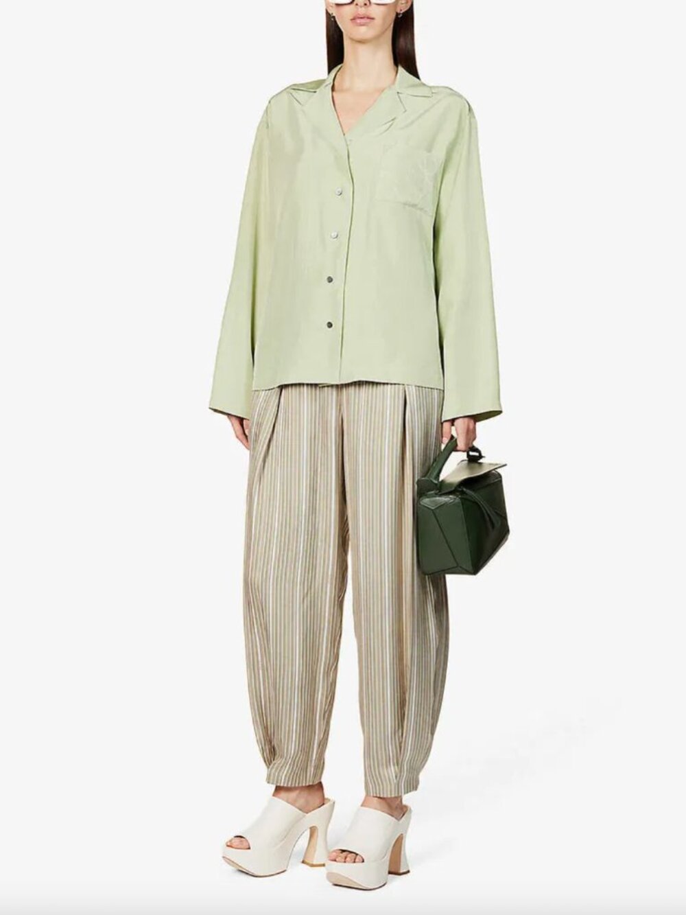 $1190 Loewe Lime Green Anagram Silk Pajama Blouse size IT 38/2